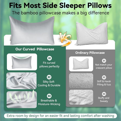 Cooling Curved Pillowcase for Side Sleeper Pillow - Rayon Derived from Bamboo Pillowcase with Zipper, Breathable and Soft Silky Cover for Hot Sleeper Protecting Hair & Skin Queen Size 2 Pack, White