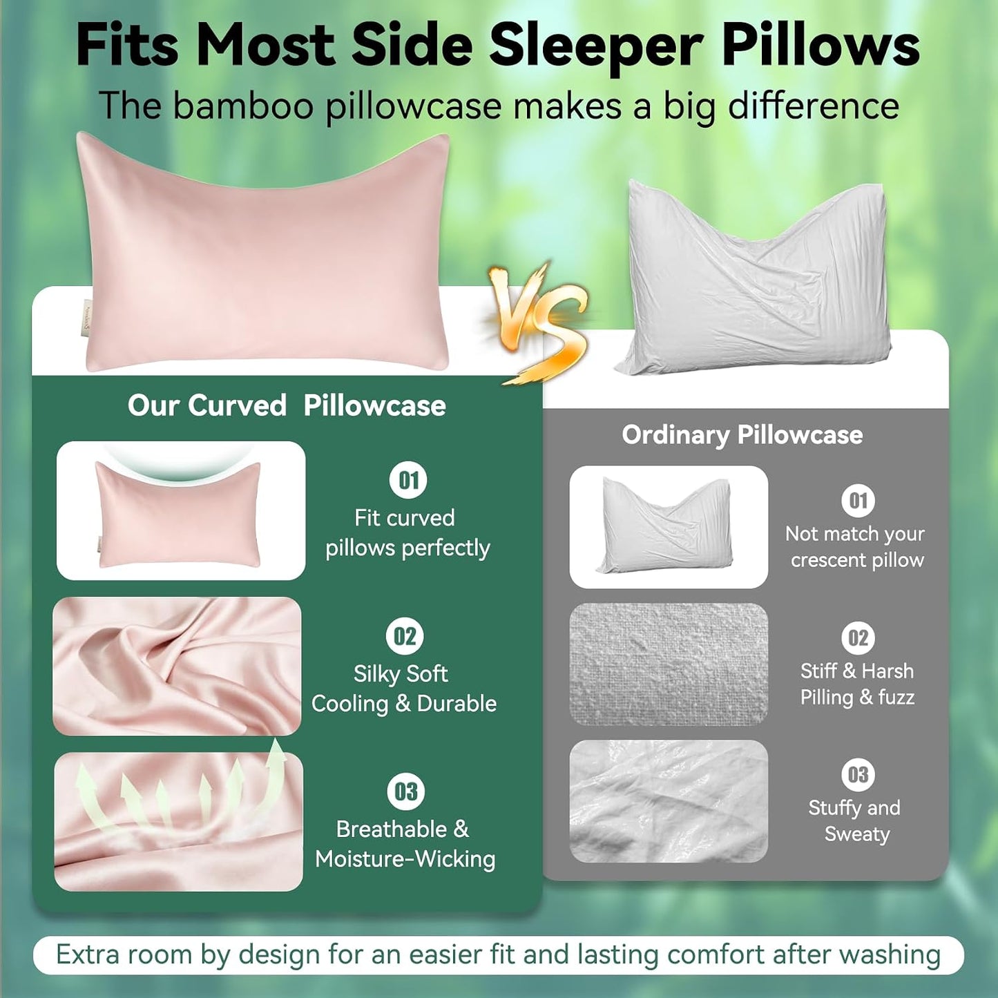 Cooling Curved Pillowcase for Side Sleeper Pillow - Rayon Derived from Bamboo Pillowcase with Zipper, Breathable and Soft Silky Cover for Hot Sleeper Protecting Hair & Skin Queen Size 2 Pack, White
