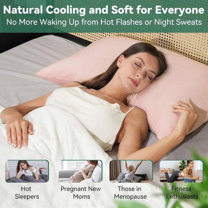Cooling Curved Pillowcase for Side Sleeper Pillow - Rayon Derived from Bamboo Pillowcase with Zipper, Breathable and Soft Silky Cover for Hot Sleeper Protecting Hair & Skin Queen Size 2 Pack, White