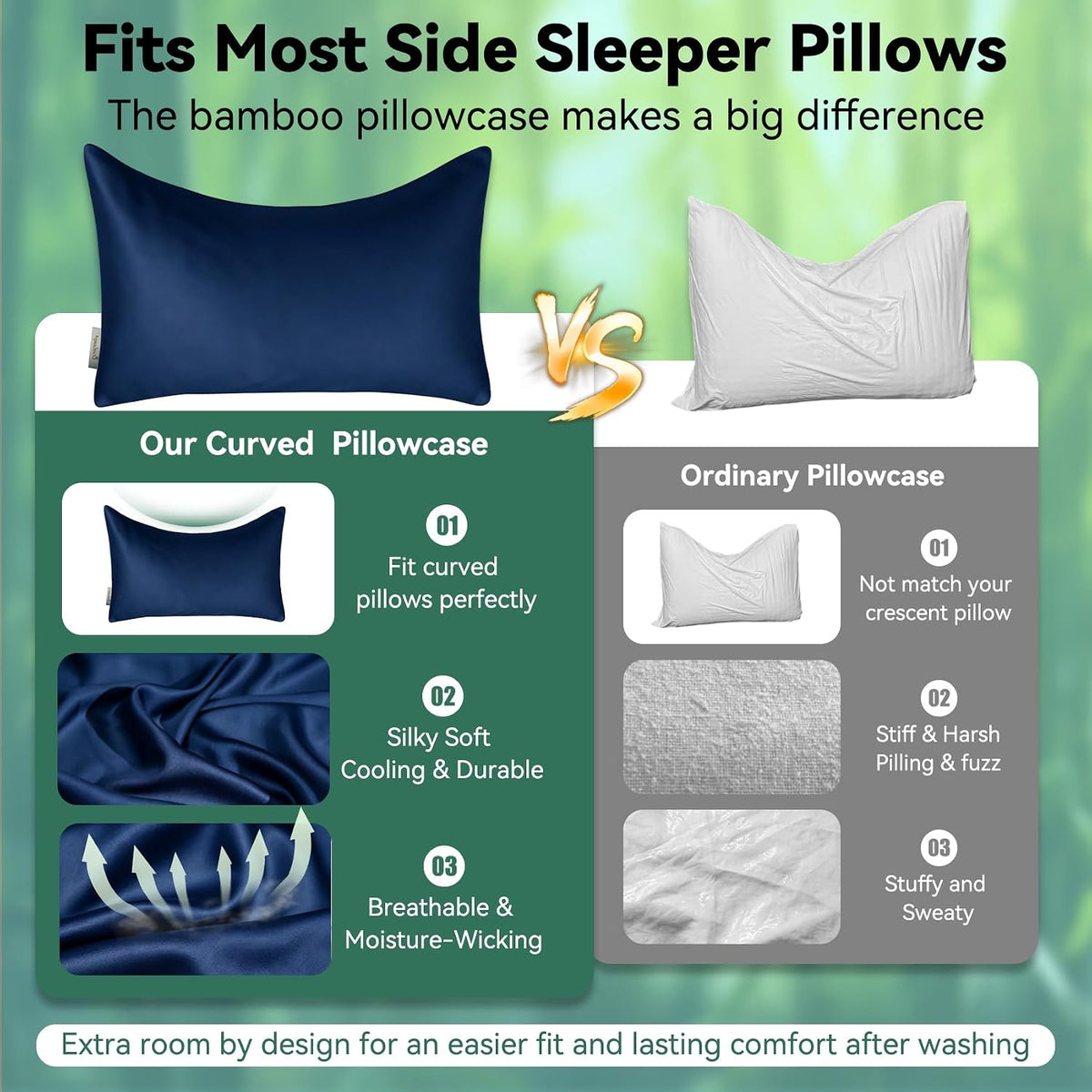 Cooling Curved Pillowcase for Side Sleeper Pillow - Rayon Derived from Bamboo Pillowcase with Zipper, Breathable and Soft Silky Cover for Hot Sleeper Protecting Hair & Skin Queen Size 2 Pack, White