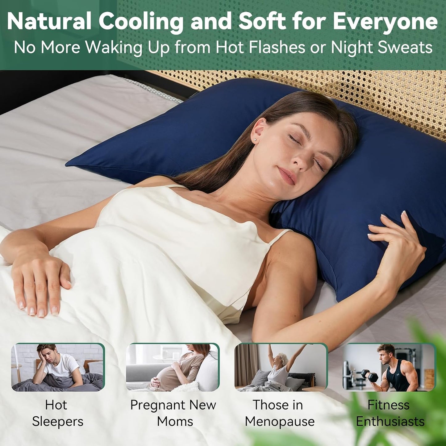 Cooling Curved Pillowcase for Side Sleeper Pillow - Rayon Derived from Bamboo Pillowcase with Zipper, Breathable and Soft Silky Cover for Hot Sleeper Protecting Hair & Skin Queen Size 2 Pack, White