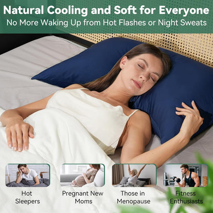 Cooling Curved Pillowcase for Side Sleeper Pillow - Rayon Derived from Bamboo Pillowcase with Zipper, Breathable and Soft Silky Cover for Hot Sleeper Protecting Hair & Skin Queen Size 2 Pack, White
