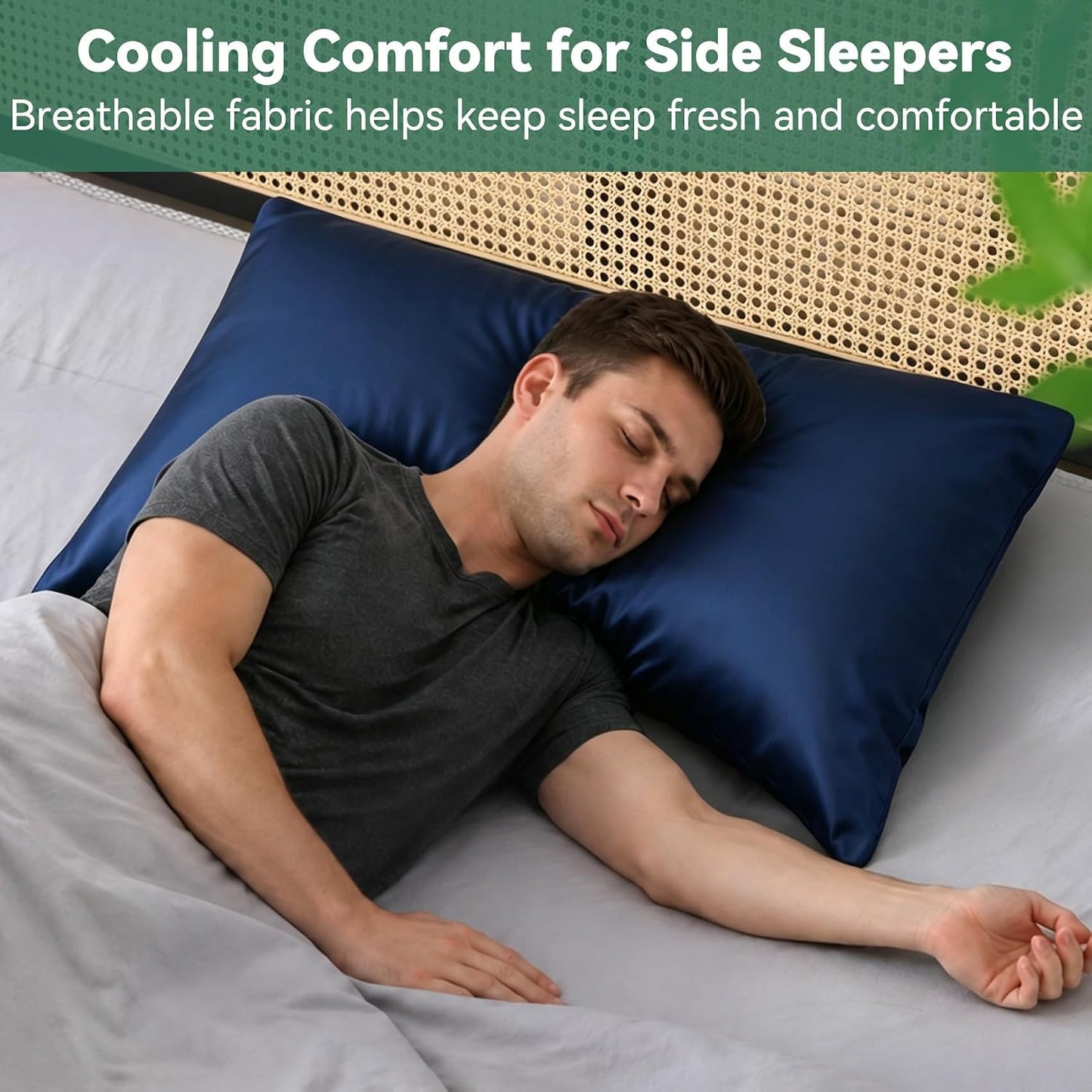 Cooling Curved Pillowcase for Side Sleeper Pillow - Rayon Derived from Bamboo Pillowcase with Zipper, Breathable and Soft Silky Cover for Hot Sleeper Protecting Hair & Skin Queen Size 2 Pack, White