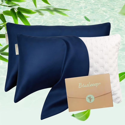 Cooling Curved Pillowcase for Side Sleeper Pillow - Rayon Derived from Bamboo Pillowcase with Zipper, Breathable and Soft Silky Cover for Hot Sleeper Protecting Hair & Skin Queen Size 2 Pack, White