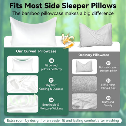 Cooling Curved Pillowcase for Side Sleeper Pillow - Rayon Derived from Bamboo Pillowcase with Zipper, Breathable and Soft Silky Cover for Hot Sleeper Protecting Hair & Skin Queen Size 2 Pack, White