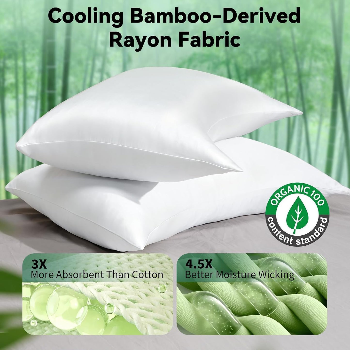 Cooling Curved Pillowcase for Side Sleeper Pillow - Rayon Derived from Bamboo Pillowcase with Zipper, Breathable and Soft Silky Cover for Hot Sleeper Protecting Hair & Skin Queen Size 2 Pack, White