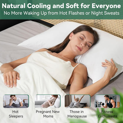 Cooling Curved Pillowcase for Side Sleeper Pillow - Rayon Derived from Bamboo Pillowcase with Zipper, Breathable and Soft Silky Cover for Hot Sleeper Protecting Hair & Skin Queen Size 2 Pack, White