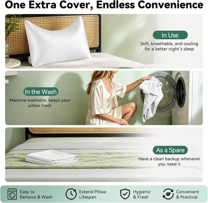 Cooling Curved Pillowcase for Side Sleeper Pillow - Rayon Derived from Bamboo Pillowcase with Zipper, Breathable and Soft Silky Cover for Hot Sleeper Protecting Hair & Skin Queen Size 2 Pack, White
