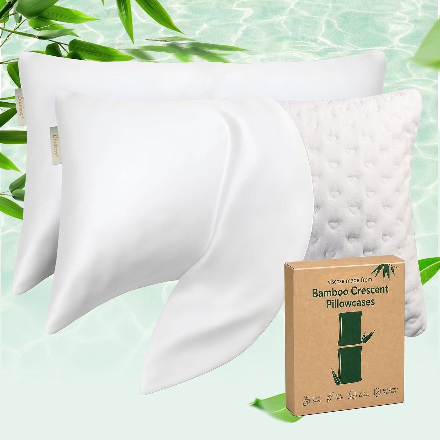 Cooling Curved Pillowcase for Side Sleeper Pillow - Rayon Derived from Bamboo Pillowcase with Zipper, Breathable and Soft Silky Cover for Hot Sleeper Protecting Hair & Skin Queen Size 2 Pack, White