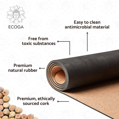 Premium Cork Yoga Mat With Alignment Marks - 5mm Thick Non Slip Hot Yoga Mat - Eco-friendly Non Toxic - Includes Strap and Bag