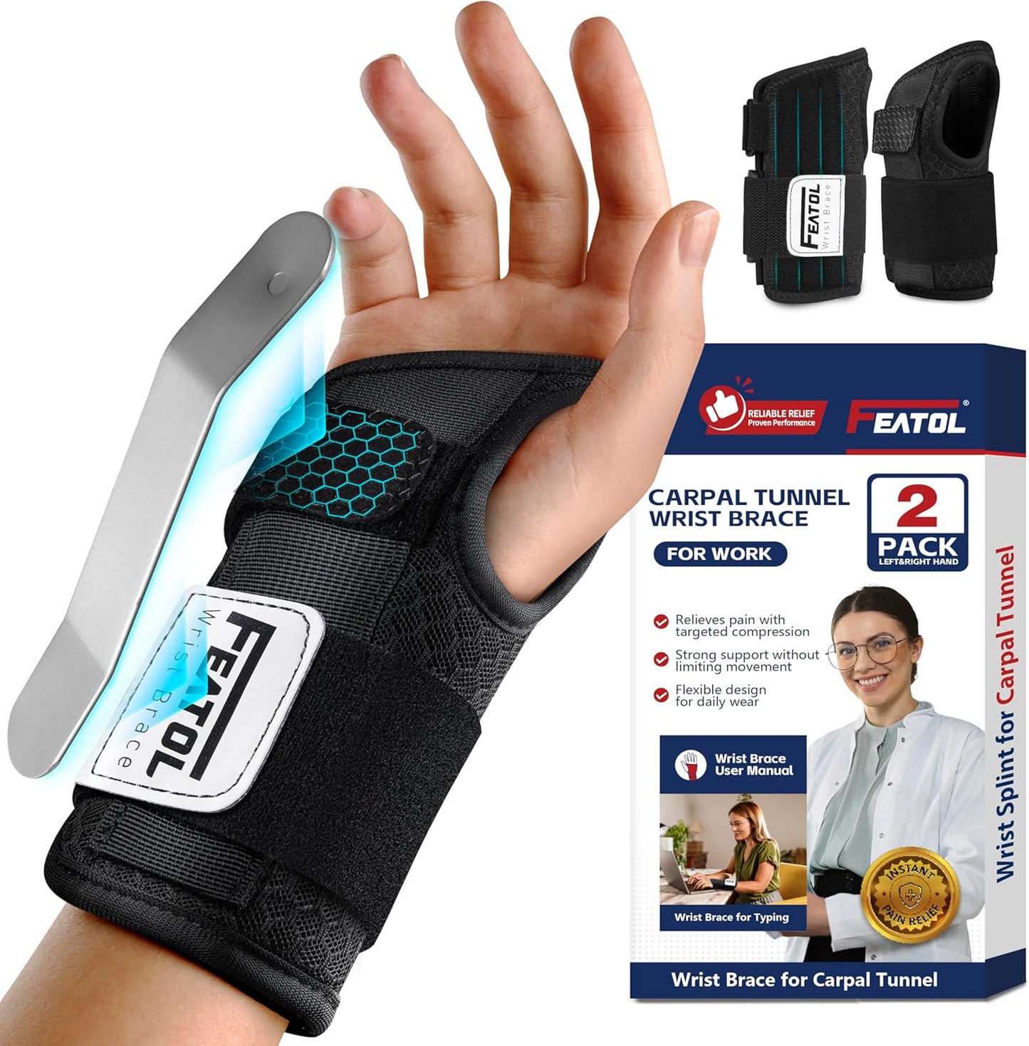 2 Pack Carpal Tunnel Wrist Brace For Work With Wrist Splint, 6.5'' Wrist Brace Night Support For Women Men, Pain Relief For Tendonitis, Arthritis, Pregnancy, Typing, Right and Left Hand, Medium