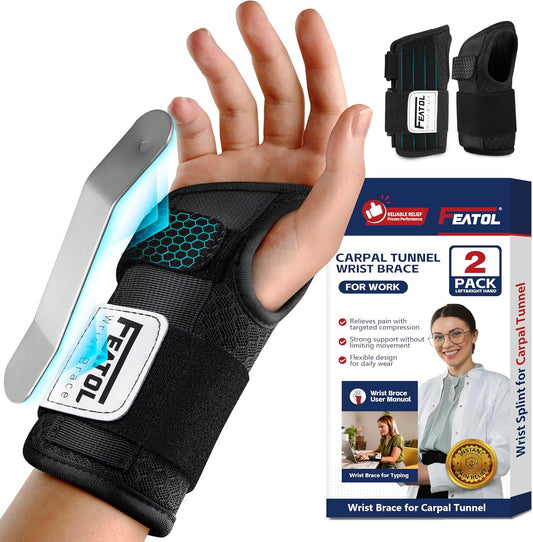2 Pack Carpal Tunnel Wrist Brace For Work With Wrist Splint, 6.5'' Wrist Brace Night Support For Women Men, Pain Relief For Tendonitis, Arthritis, Pregnancy, Typing, Right and Left Hand, Medium