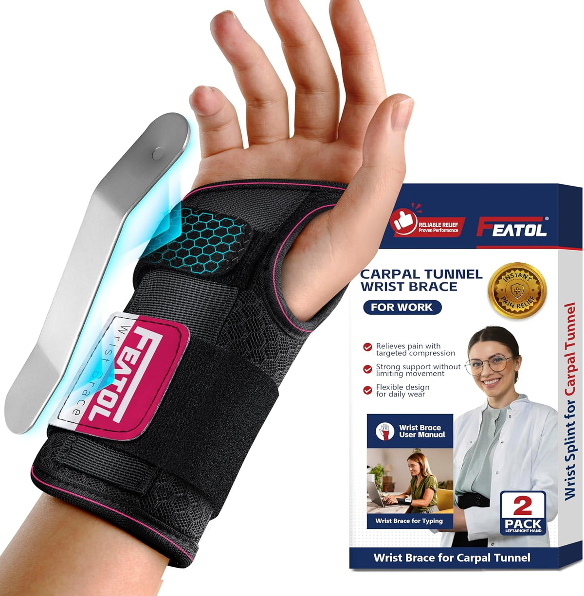 2 Pack Carpal Tunnel Wrist Brace For Work With Wrist Splint, 6.5'' Wrist Brace Night Support For Women Men, Pain Relief For Tendonitis, Arthritis, Pregnancy, Typing, Right and Left Hand, Medium