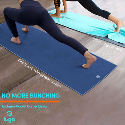 IUGA Yoga Towel for Hot Yoga Non Slip Extra Thick Yoga Mat Towel + Hand Towel 2in1 Set with Corner Pockets Super Absorbent and Quick Dry Hot Yoga Towel