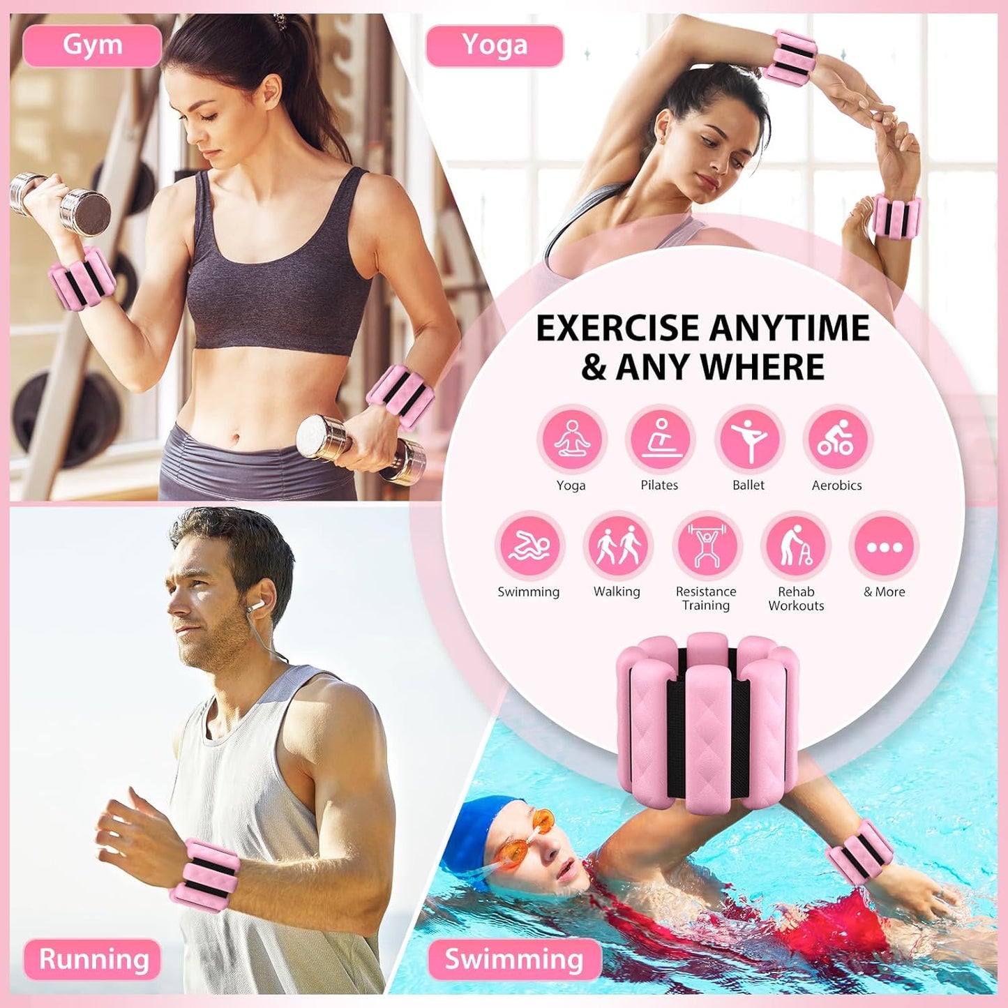 Pilates Wrist and Ankle Weights for Women - Adjustable Weighted Bangles for Men, 2 lbs Weighted Arm Bands Foot Leg Weights for Walking, Yoga, Training, Exercise, Running, Set of 2 (1LB Each)