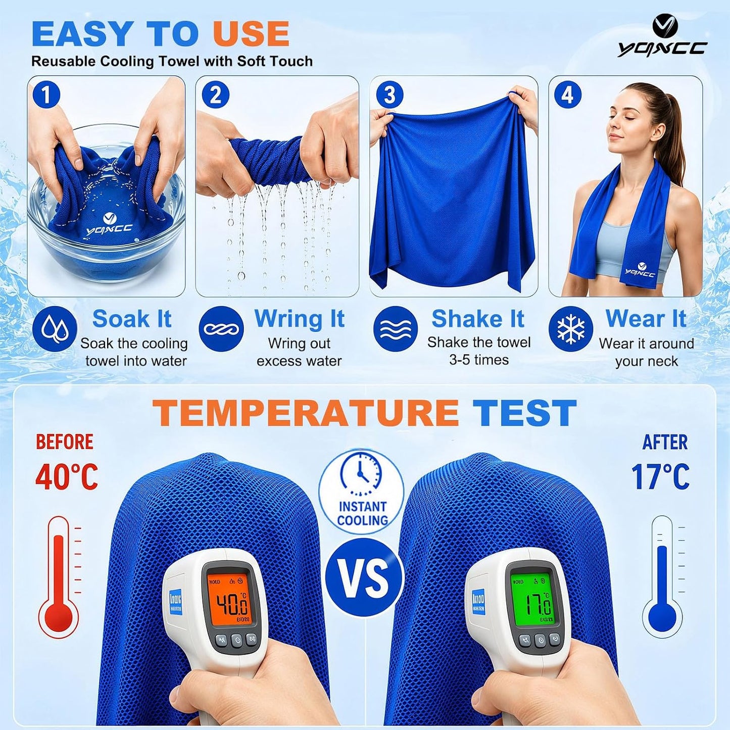 4 Pack Cooling Towels (40"x12"), Ice Cool for Neck & Face