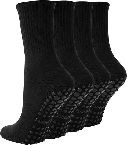 4 Pairs Pilates Socks with Grips for Women, Non Slip Yoga Athletic Ballet Barre Dance Workout Crew Socks