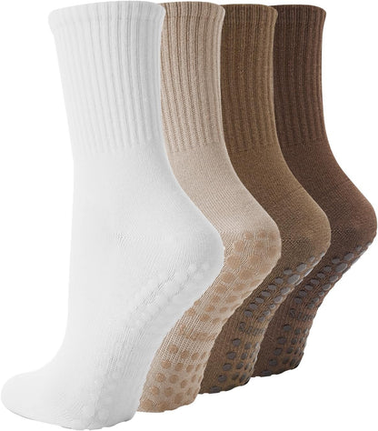 4 Pairs Pilates Socks with Grips for Women, Non Slip Yoga Athletic Ballet Barre Dance Workout Crew Socks