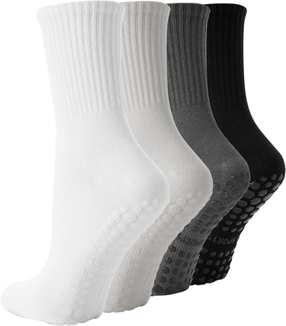 4 Pairs Pilates Socks with Grips for Women, Non Slip Yoga Athletic Ballet Barre Dance Workout Crew Socks