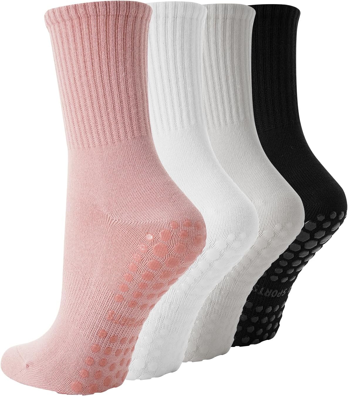 4 Pairs Pilates Socks with Grips for Women, Non Slip Yoga Athletic Ballet Barre Dance Workout Crew Socks