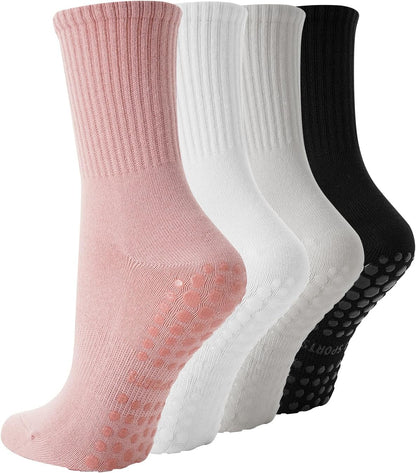 4 Pairs Pilates Socks with Grips for Women, Non Slip Yoga Athletic Ballet Barre Dance Workout Crew Socks