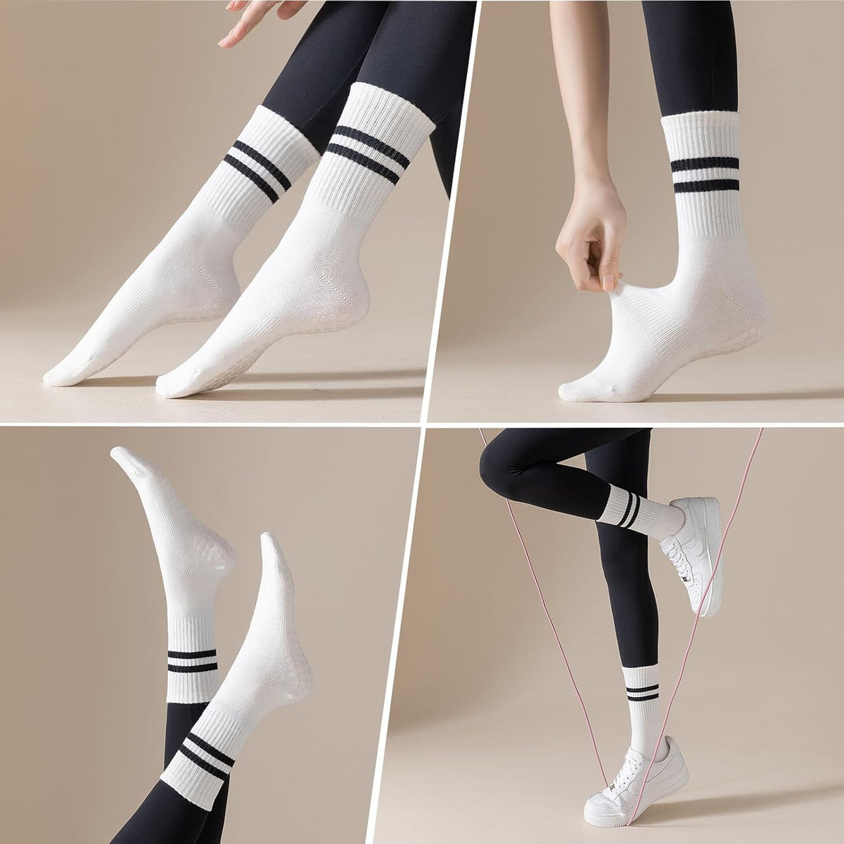 4 Pairs Pilates Socks with Grips for Women, Non Slip Yoga Athletic Ballet Barre Dance Workout Crew Socks