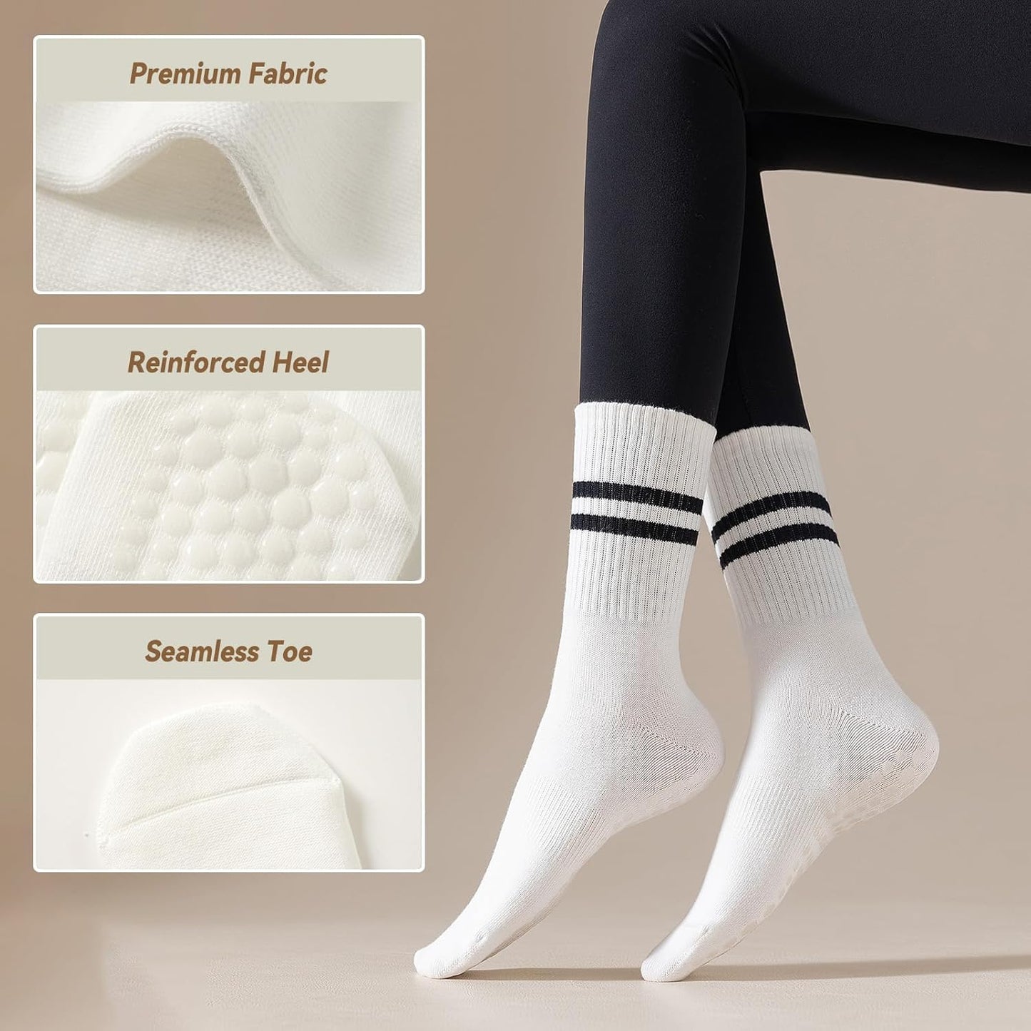 4 Pairs Pilates Socks with Grips for Women, Non Slip Yoga Athletic Ballet Barre Dance Workout Crew Socks