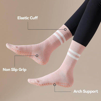 4 Pairs Pilates Socks with Grips for Women, Non Slip Yoga Athletic Ballet Barre Dance Workout Crew Socks