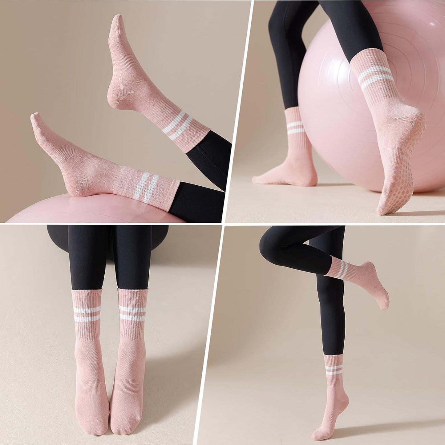 4 Pairs Pilates Socks with Grips for Women, Non Slip Yoga Athletic Ballet Barre Dance Workout Crew Socks