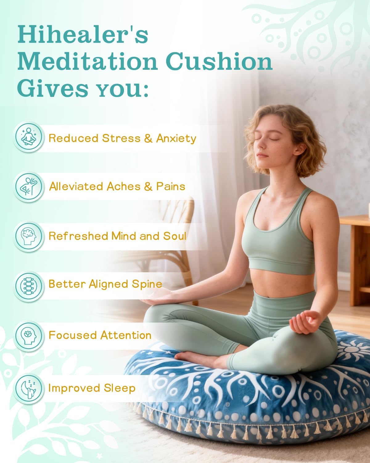 Meditation Cushion, Large Velvet Floor Pillow for Yoga, Meditation & Mindfulness, Supportive Memory Foam Bolster (Blue)