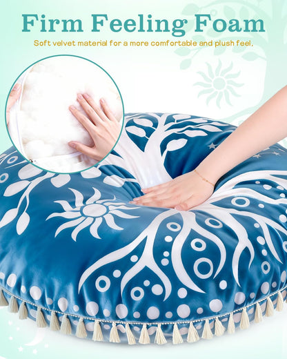 Meditation Cushion, Large Velvet Floor Pillow for Yoga, Meditation & Mindfulness, Supportive Memory Foam Bolster (Blue)
