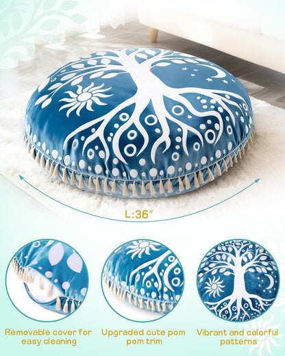 Meditation Cushion, Large Velvet Floor Pillow for Yoga, Meditation & Mindfulness, Supportive Memory Foam Bolster (Blue)
