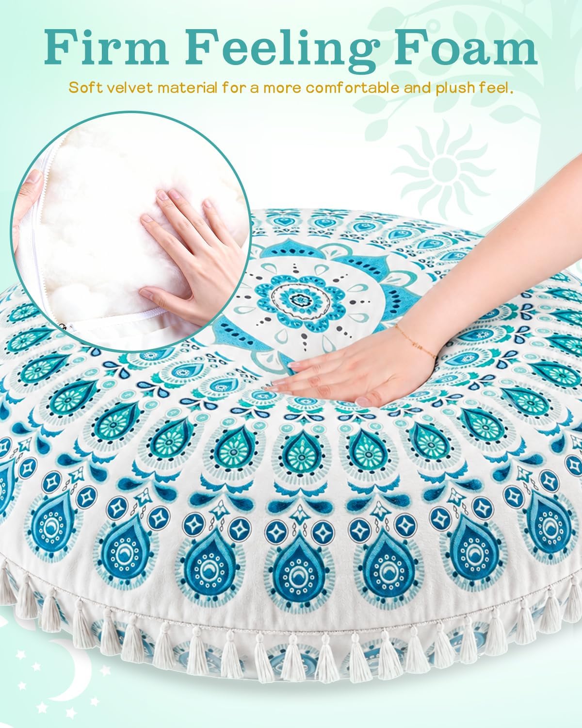 Meditation Cushion, Large Velvet Floor Pillow for Yoga, Meditation & Mindfulness, Supportive Memory Foam Bolster (Blue)