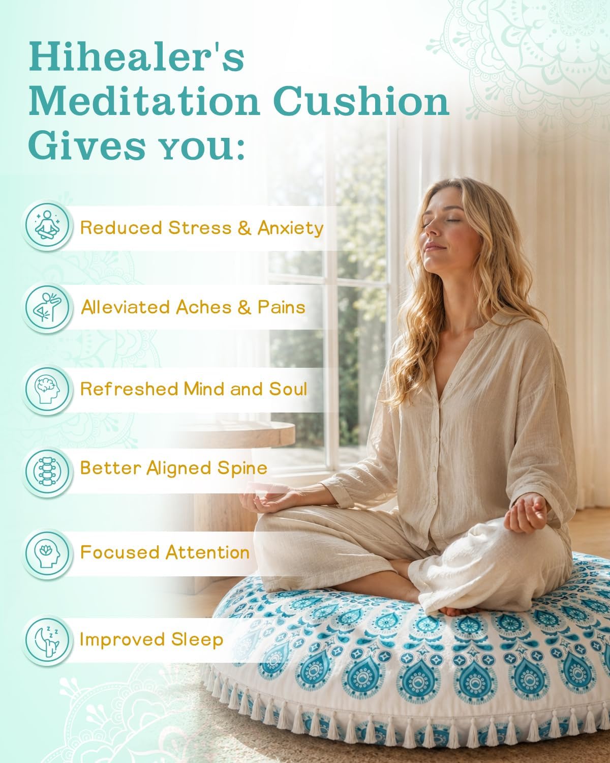 Meditation Cushion, Large Velvet Floor Pillow for Yoga, Meditation & Mindfulness, Supportive Memory Foam Bolster (Blue)