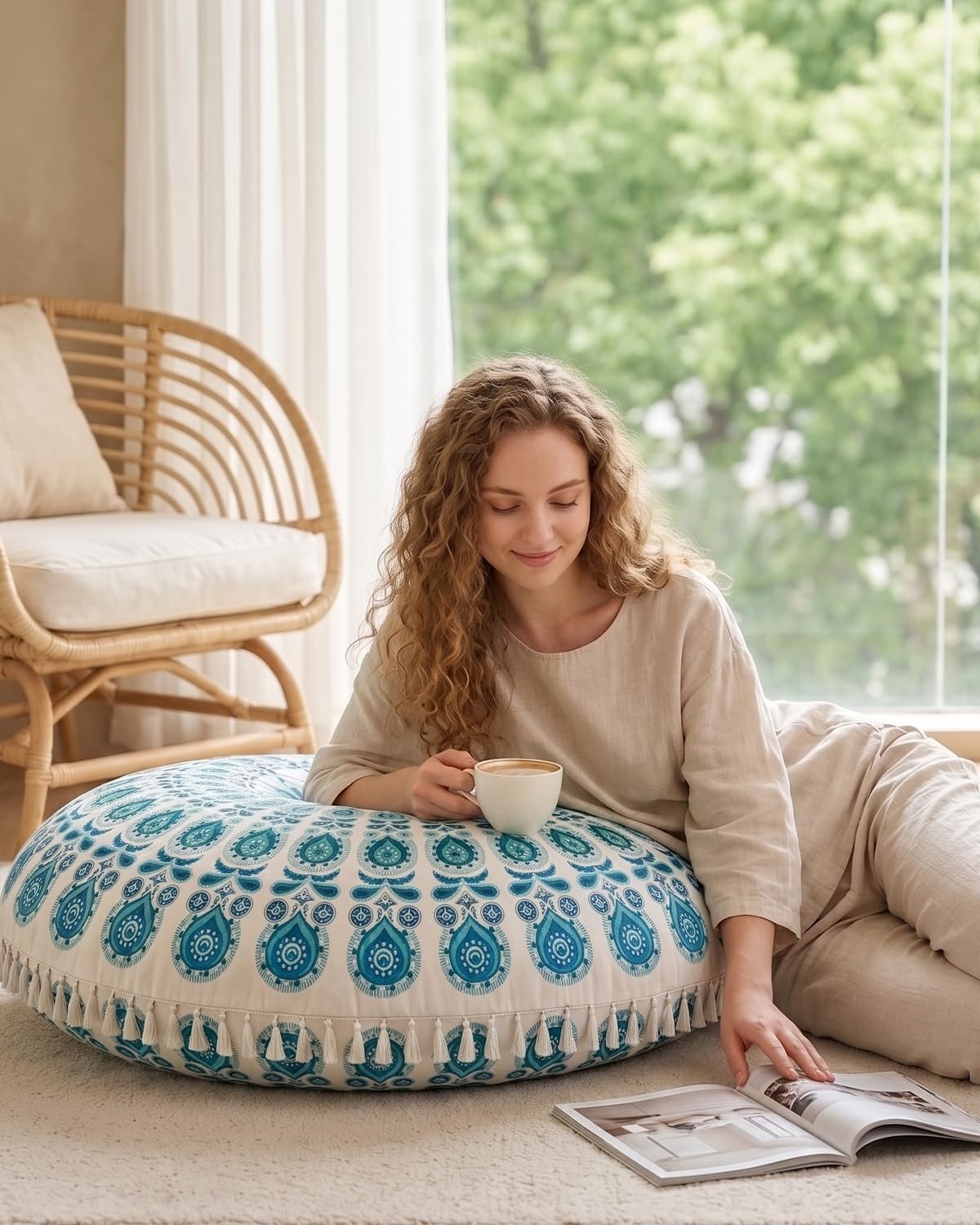 Meditation Cushion, Large Velvet Floor Pillow for Yoga, Meditation & Mindfulness, Supportive Memory Foam Bolster (Blue)