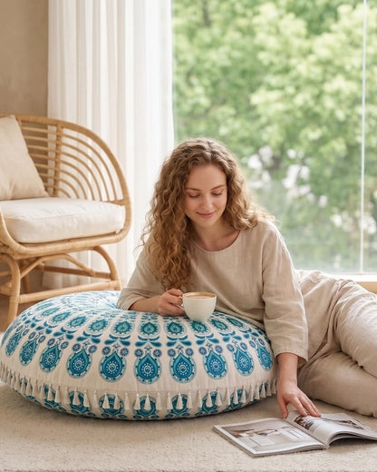 Meditation Cushion, Large Velvet Floor Pillow for Yoga, Meditation & Mindfulness, Supportive Memory Foam Bolster (Blue)