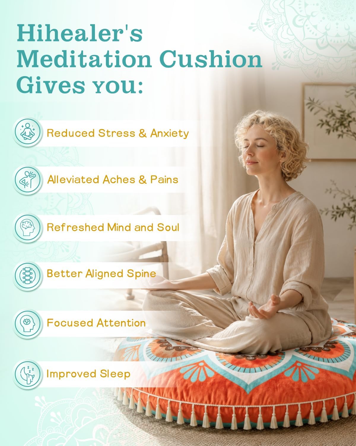 Meditation Cushion, Large Velvet Floor Pillow for Yoga, Meditation & Mindfulness, Supportive Memory Foam Bolster (Blue)