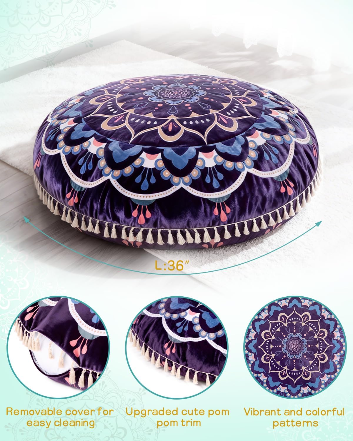 Meditation Cushion, Large Velvet Floor Pillow for Yoga, Meditation & Mindfulness, Supportive Memory Foam Bolster (Blue)