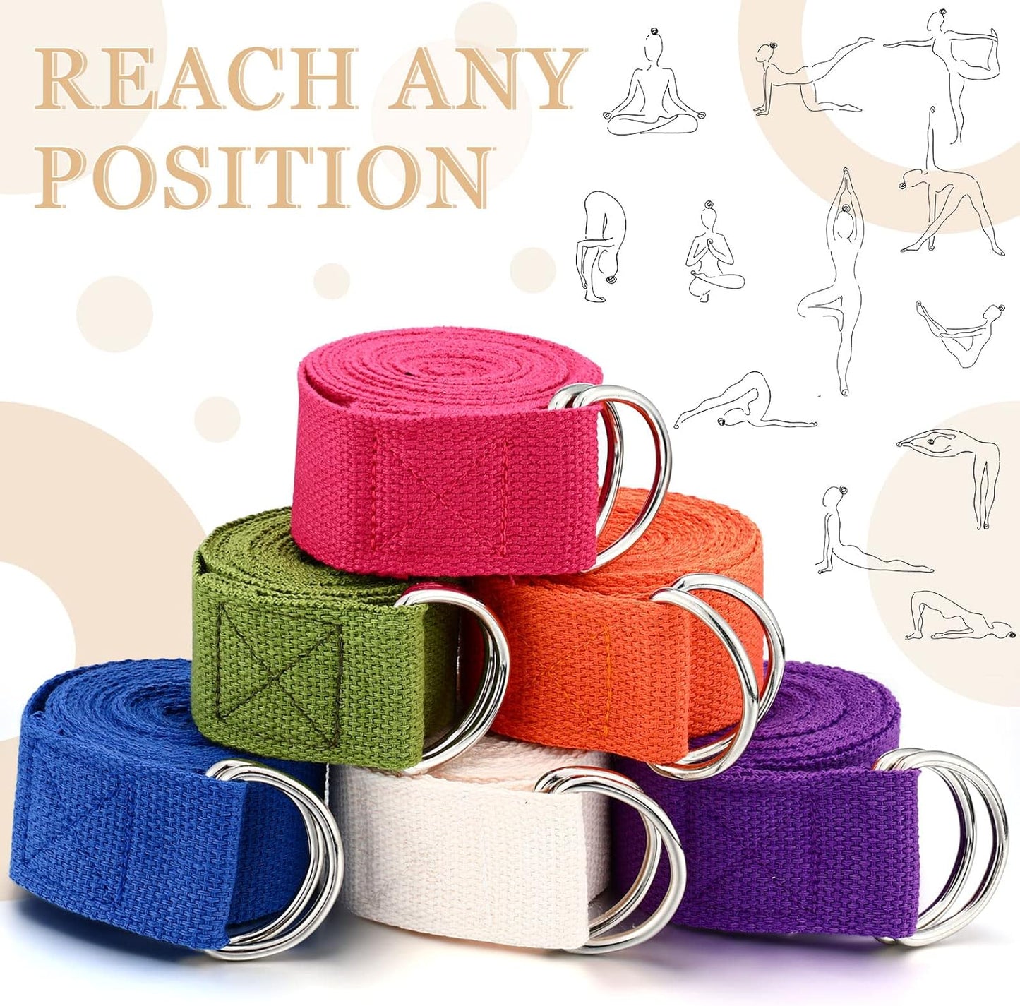 6 Pcs Yoga Strap for Stretching 8 ft Yoga Exercise Adjustable Straps Bands with Safe D Ring Buckle for Pilates, Gym Workouts, Fitness, Physical Exercise, Dance, Improve Flexibility