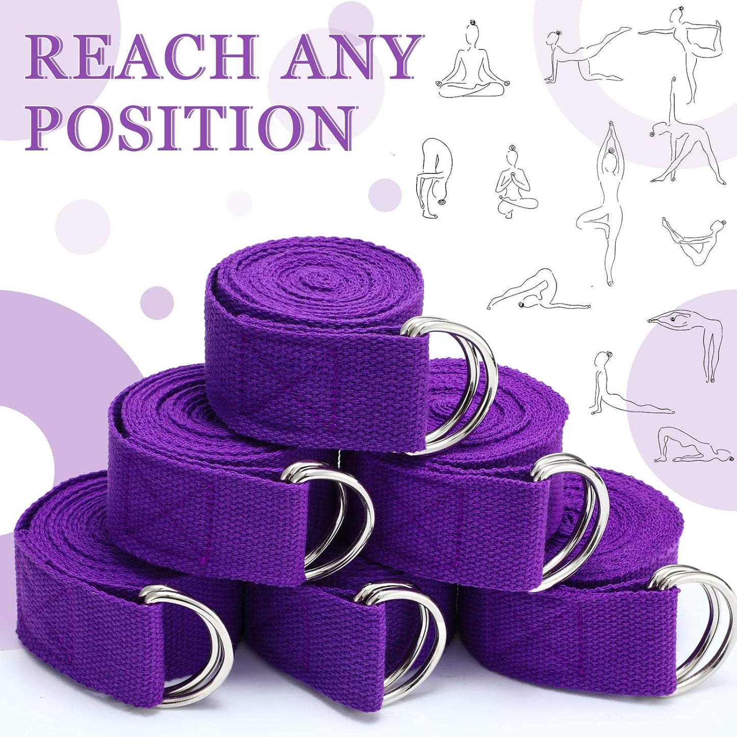 6 Pcs Yoga Strap for Stretching 8 ft Yoga Exercise Adjustable Straps Bands with Safe D Ring Buckle for Pilates, Gym Workouts, Fitness, Physical Exercise, Dance, Improve Flexibility