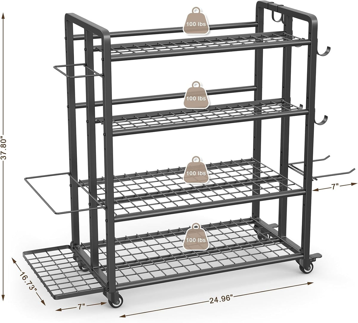 4-Tier Dumbbell Rack Stand Only, Adjustable Weight Rack for Dumbbells Kettlebells Yoga Mat, Home Gym Storage Rack with Wheels and Hooks, Powder Coated Finish