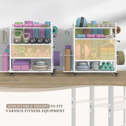 4-Tier Dumbbell Rack Stand Only, Adjustable Weight Rack for Dumbbells Kettlebells Yoga Mat, Home Gym Storage Rack with Wheels and Hooks, Powder Coated Finish