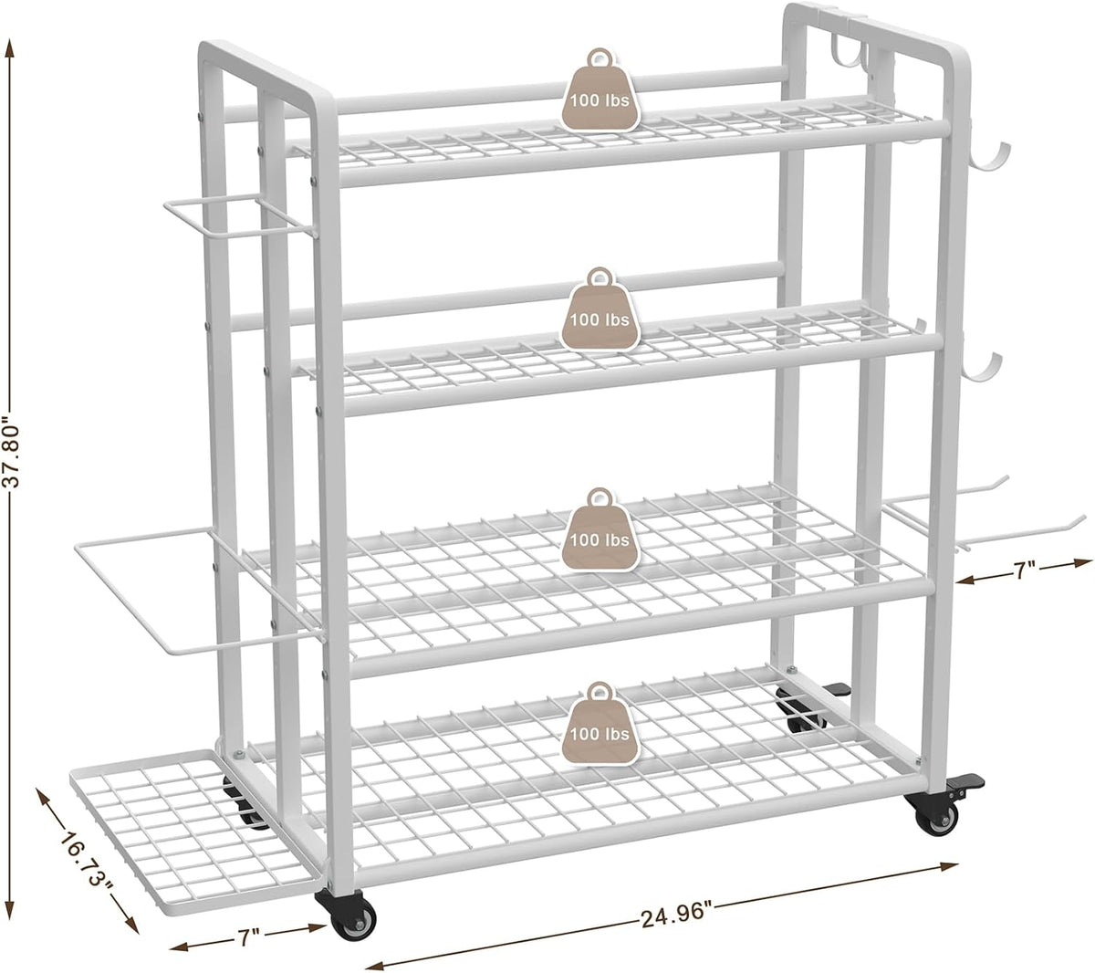 4-Tier Dumbbell Rack Stand Only, Adjustable Weight Rack for Dumbbells Kettlebells Yoga Mat, Home Gym Storage Rack with Wheels and Hooks, Powder Coated Finish