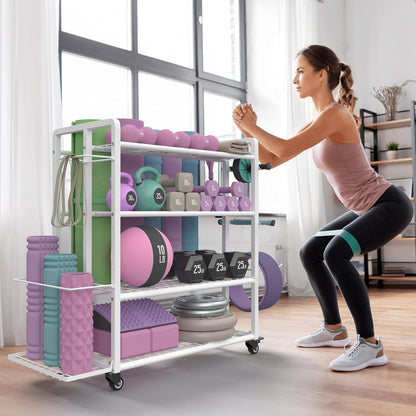 4-Tier Dumbbell Rack Stand Only, Adjustable Weight Rack for Dumbbells Kettlebells Yoga Mat, Home Gym Storage Rack with Wheels and Hooks, Powder Coated Finish