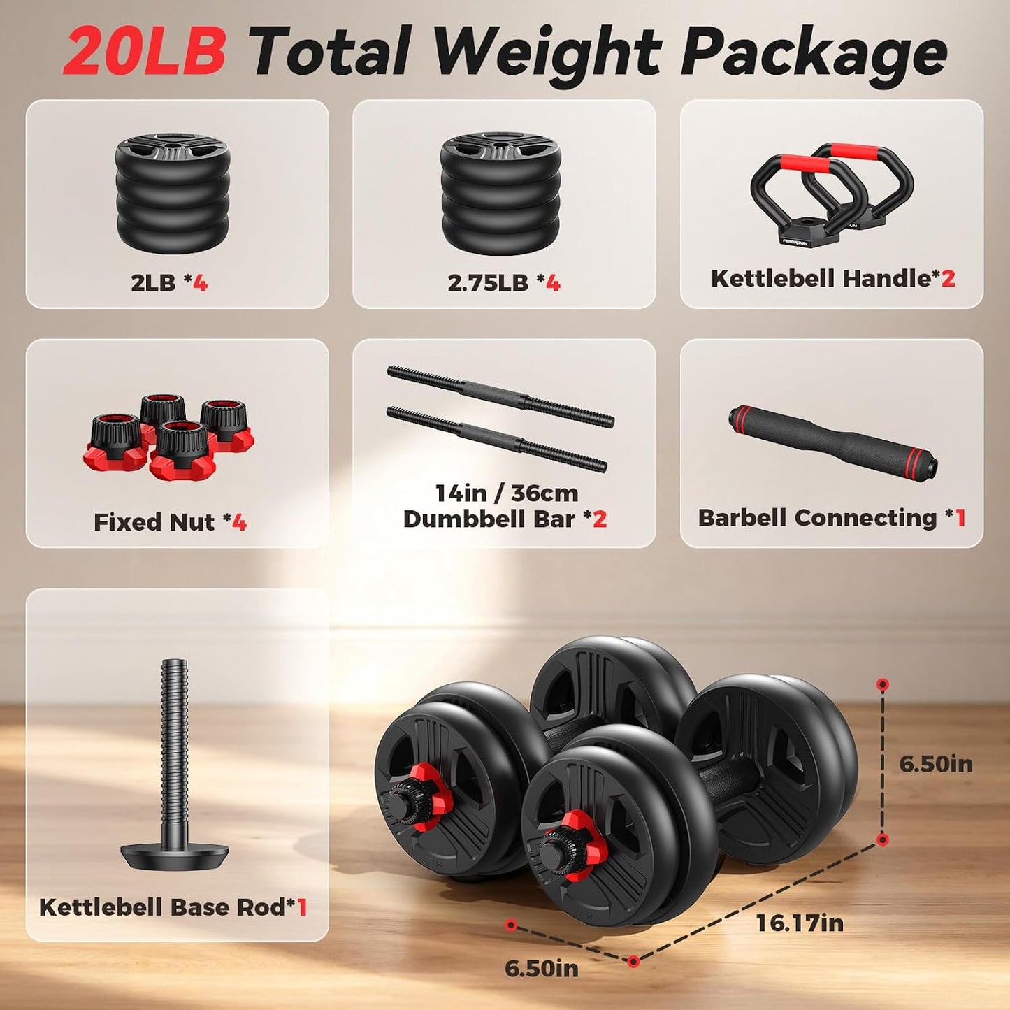 Adjustable dumbbell set,20/35/45/55/70/90lbs Free Weights set with upgraded nut, 5 in 1 Weight Set Used as Kettlebells, Barbell, Push up Stand, Fitness Exercise for Home Gym Suitable Men/Women