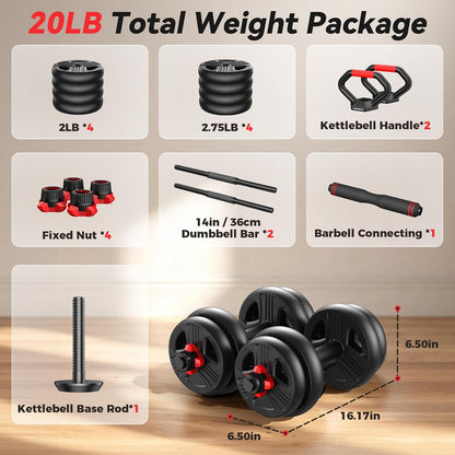 Adjustable dumbbell set,20/35/45/55/70/90lbs Free Weights set with upgraded nut, 5 in 1 Weight Set Used as Kettlebells, Barbell, Push up Stand, Fitness Exercise for Home Gym Suitable Men/Women