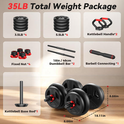 Adjustable dumbbell set,20/35/45/55/70/90lbs Free Weights set with upgraded nut, 5 in 1 Weight Set Used as Kettlebells, Barbell, Push up Stand, Fitness Exercise for Home Gym Suitable Men/Women