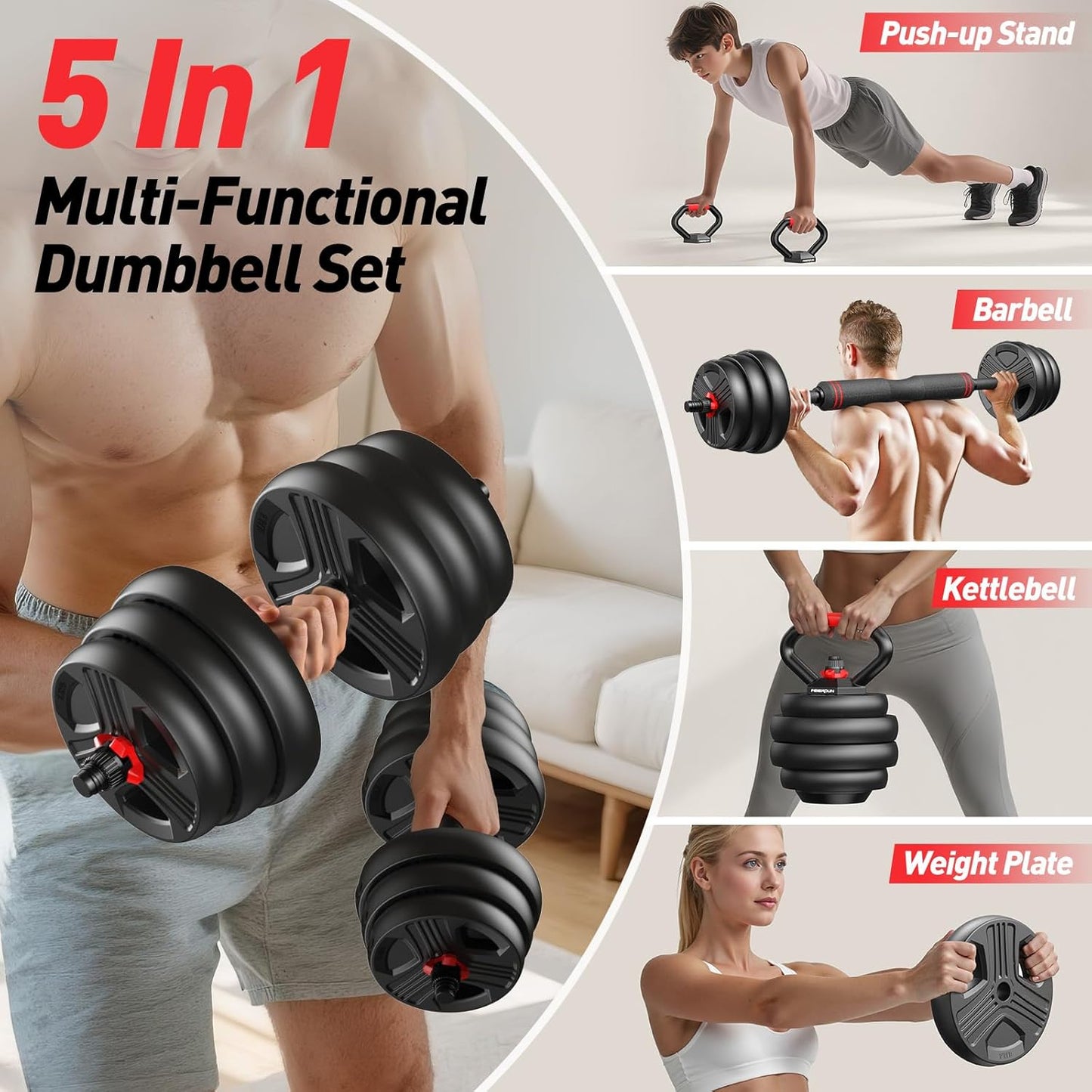 Adjustable dumbbell set,20/35/45/55/70/90lbs Free Weights set with upgraded nut, 5 in 1 Weight Set Used as Kettlebells, Barbell, Push up Stand, Fitness Exercise for Home Gym Suitable Men/Women