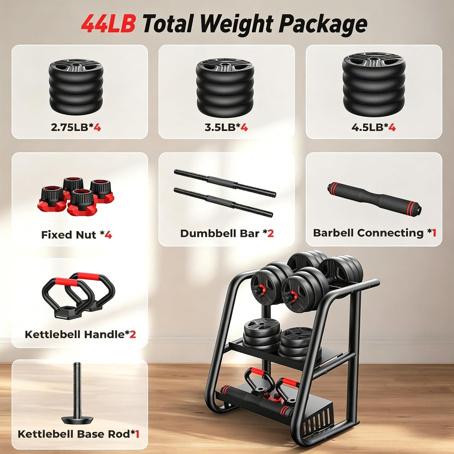 Adjustable dumbbell set,20/35/45/55/70/90lbs Free Weights set with upgraded nut, 5 in 1 Weight Set Used as Kettlebells, Barbell, Push up Stand, Fitness Exercise for Home Gym Suitable Men/Women