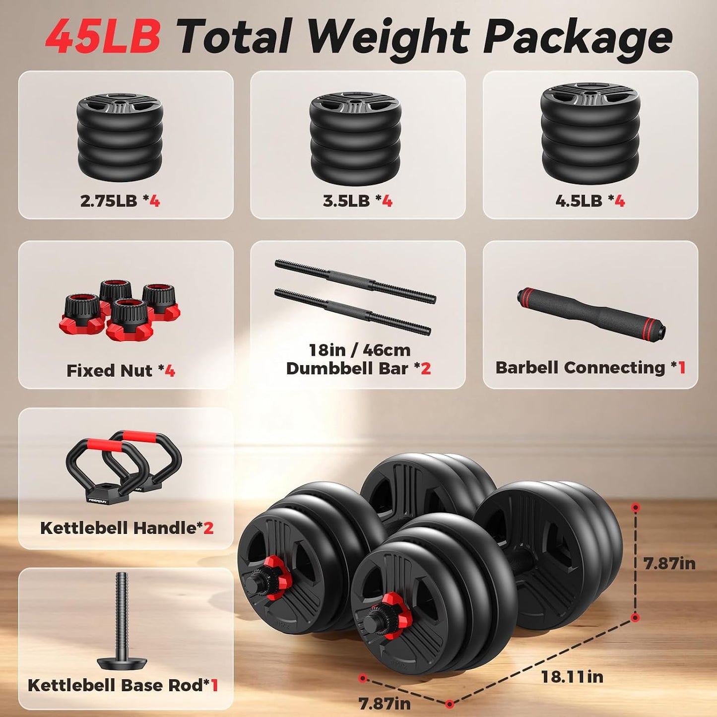 Adjustable dumbbell set,20/35/45/55/70/90lbs Free Weights set with upgraded nut, 5 in 1 Weight Set Used as Kettlebells, Barbell, Push up Stand, Fitness Exercise for Home Gym Suitable Men/Women